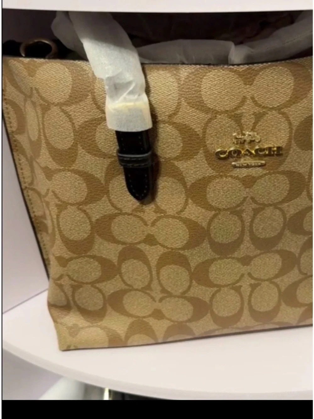 Coach Mollie Tote 25 in Signature Canvas featuring black leather details.